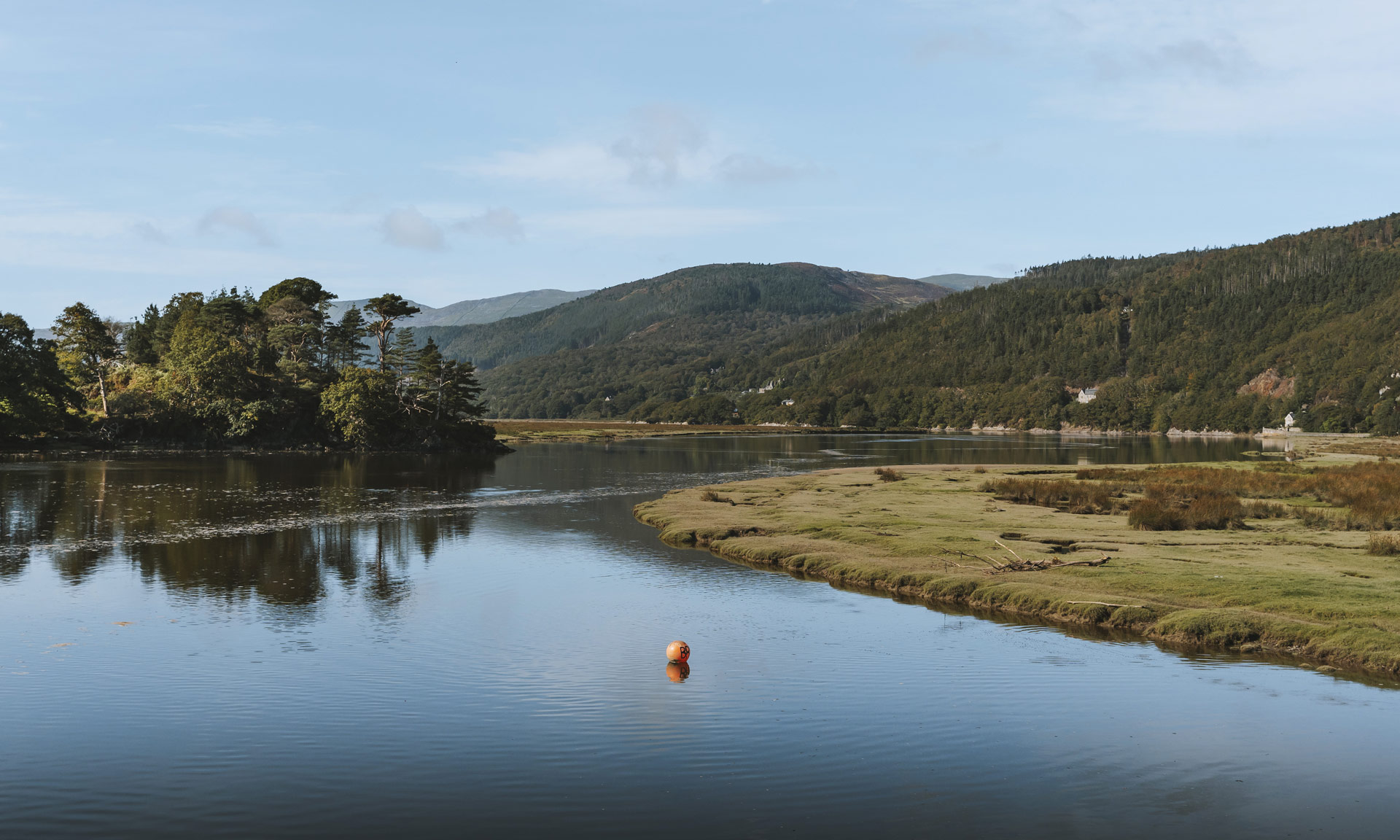 A view of the Mawddach Estuary on a clear spring day with woodland lining the shores.