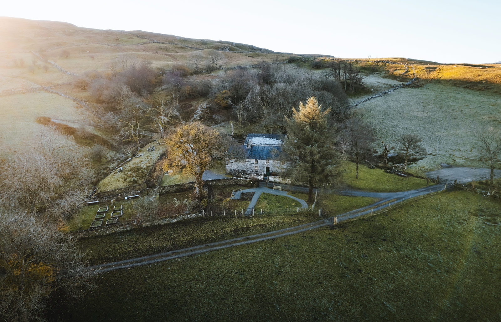 An aerial photograph of the Yr Ysgwrn farmhouse