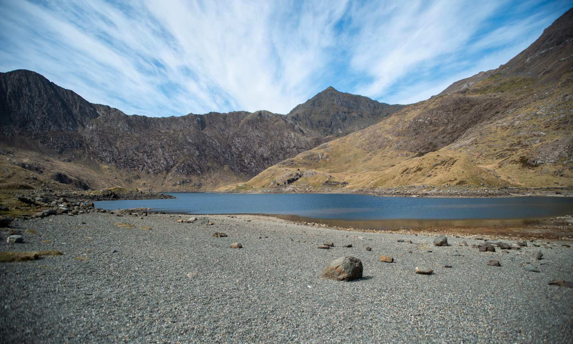 View of Snowdon summit from the shore of Llyn Llydaw