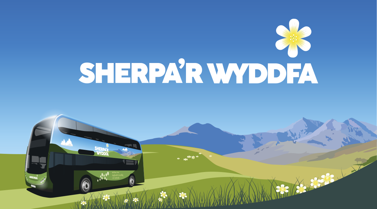 Graphic illustration of Sherpa'r Wyddfa bus against a mountainous backdrop.