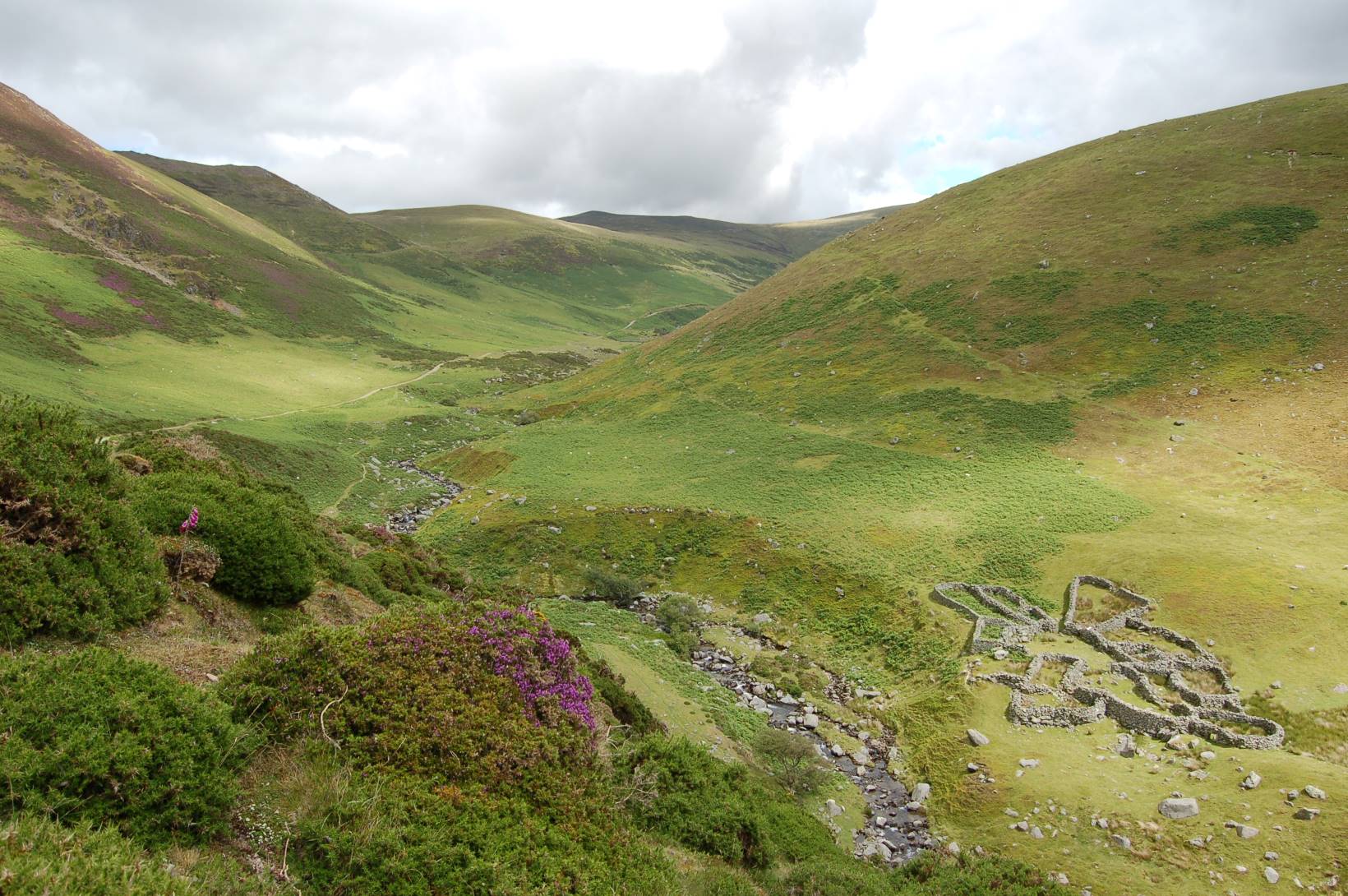 The rolling hills of the Anafon Valley stretch into the distance and an old sheepfold can be seen on one of them.