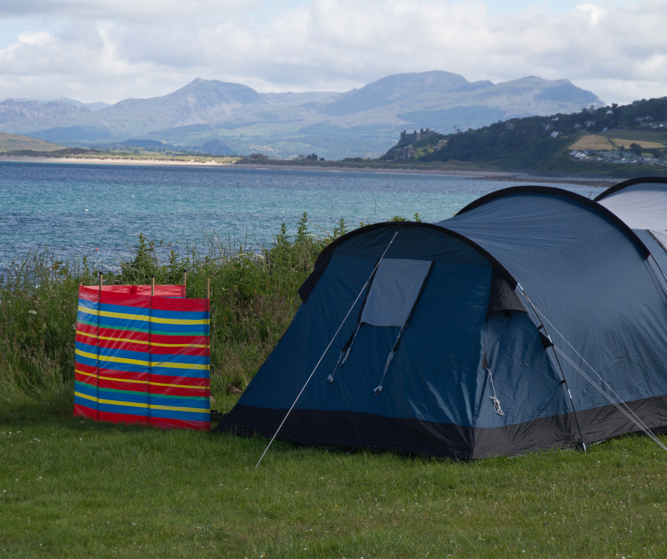 tent ons shell island with a view of Cardigan bay and Harlech